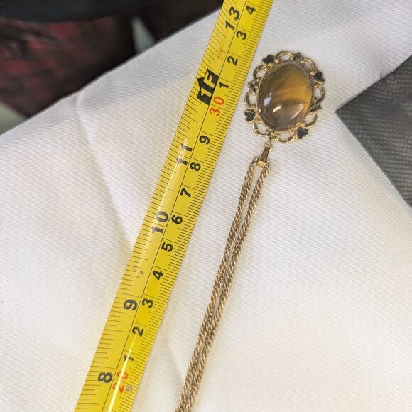 Vintage Tiger eye stone on gold tone pendant with black heart accent - Picture 8 of 9